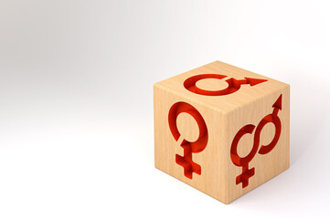 3d illustration, wooden cube with male, female and union symbol.