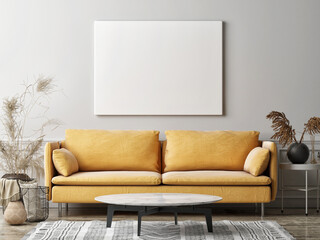 Mockup poster in the living room, the yellow sofa in bohemian style, 3d render, 3d illustration