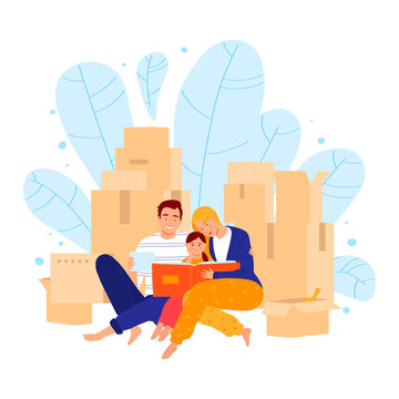 Young family sitting box, concept moving new house, father mother and daughter watch photo album isolated on white, cartoon vector illustration. Change apartment, lovely couple with children.