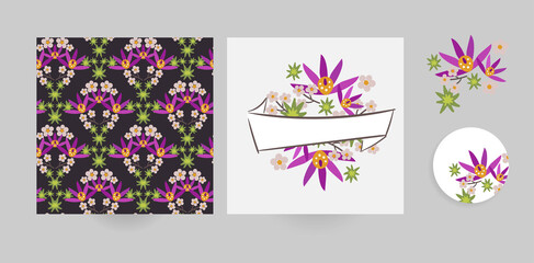 dark vector set floral blooming card minimalistic square