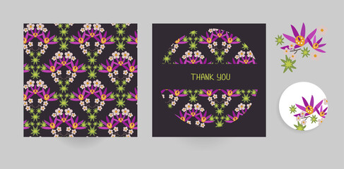 dark vector set floral blooming card minimalistic square