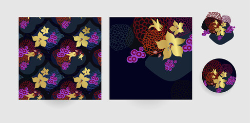 dark vector set floral blooming card minimalistic square