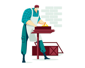 Handwork man character, male woodworking occupation professional wood processing isolated on white, cartoon vector illustration. Person hobby hold jigsaw, amateur timber handling forest.
