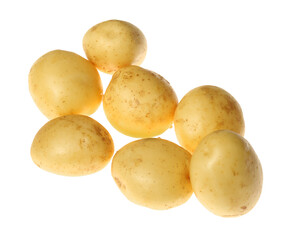 Fresh raw organic potatoes on white background, top view