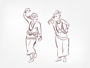 Arunachal Pradesh state India ethnic indian woman girl dance traditional sketch isolated design element