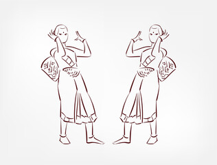 Assam state India ethnic indian woman girl dance traditional sketch isolated design element