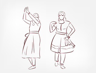 Karnataka state ethnic indian woman girl dance traditional sketch isolated design element