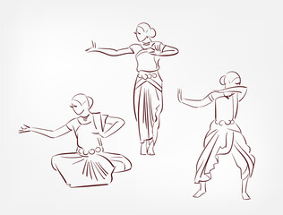 Tamil Nadu state India ethnic indian woman girl dance traditional sketch isolated design element