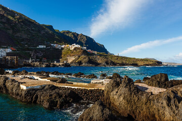 Fototapeta premium Aerial view of Garachico village on the coast of Atlantic ocean in Tenerife island of Spain