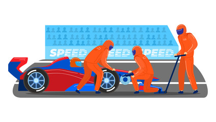 Professional pitstop team, male character together service formula 1 sport car isolated on white, cartoon vector illustration. World competition fast circuit race, tournament contest track. - obrazy, fototapety, plakaty
