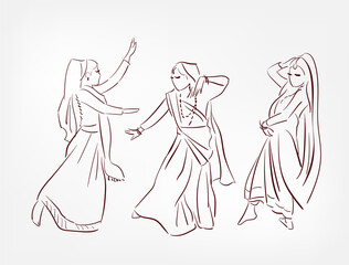 Uttarakhand state India ethnic indian woman girl dance traditional sketch isolated design element