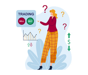 Woman character think trading, yes or no purchase marketplace exchange isolated on white, cartoon vector illustration. Stock market volatility. Doubts sale purchase share, fundamental analysis.