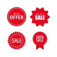 price tags, collection red ribbon banners, sale promotion, website stickers, special offers vector illustration design