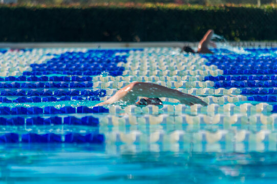 A swimmer's arm surfaces from the water in swim lanes