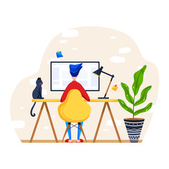 Male character work personal computer, man sitting chair on workplace, desktop area isolated on white, cartoon vector illustration. Cozy place home plants pot, black cat rest table with monitor screen