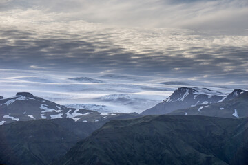 The Mýrdalsjökull ice cap in South Iceland. The glacier lies on top of the infamous Katla volcano. 