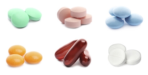 Set with colorful pills on white background. Banner design