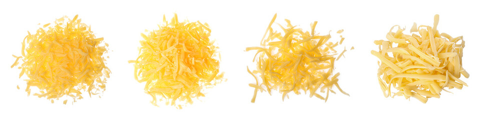 Set with grated cheese on white background, top view. Banner design