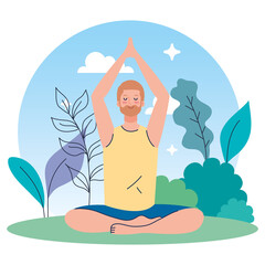 man meditating in nature and leaves, concept for yoga, meditation, relax, healthy lifestyle vector illustration design