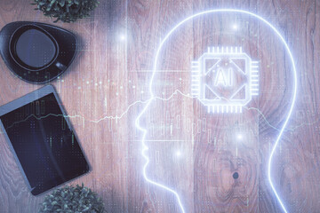 Multi exposure of brain drawing over work table desktop. Top view. Global data analysis concept.