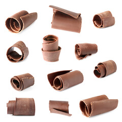 Set with yummy chocolate curls on white background