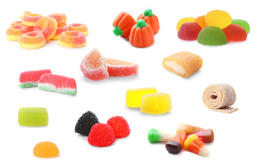 Set of different jelly candies on white background