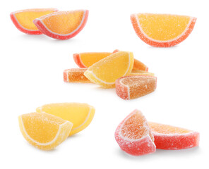 Fototapeta na wymiar Set of different jelly candies on white background