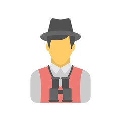 Man with binoculars icon in flat design style. Discovery sign.