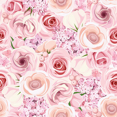 Vector seamless background texture with pink roses, lisianthuses, anemones, lilac and hydrangea flowers.