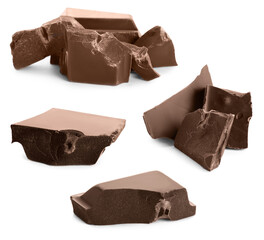Set with delicious milk chocolate chunks on white background
