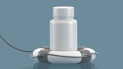 Medicine bottle plastic in center lifebuoy. 3d illustration