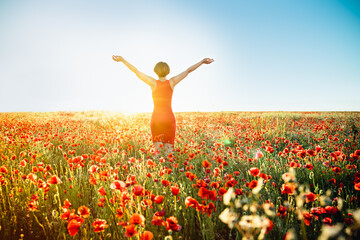 Back view girl in red poppies flowers meadow and blue sky in sunset light. A young woman in red dress arms raised up to the sky, celebrating freedom. Positive emotions feeling life, peace of mind.