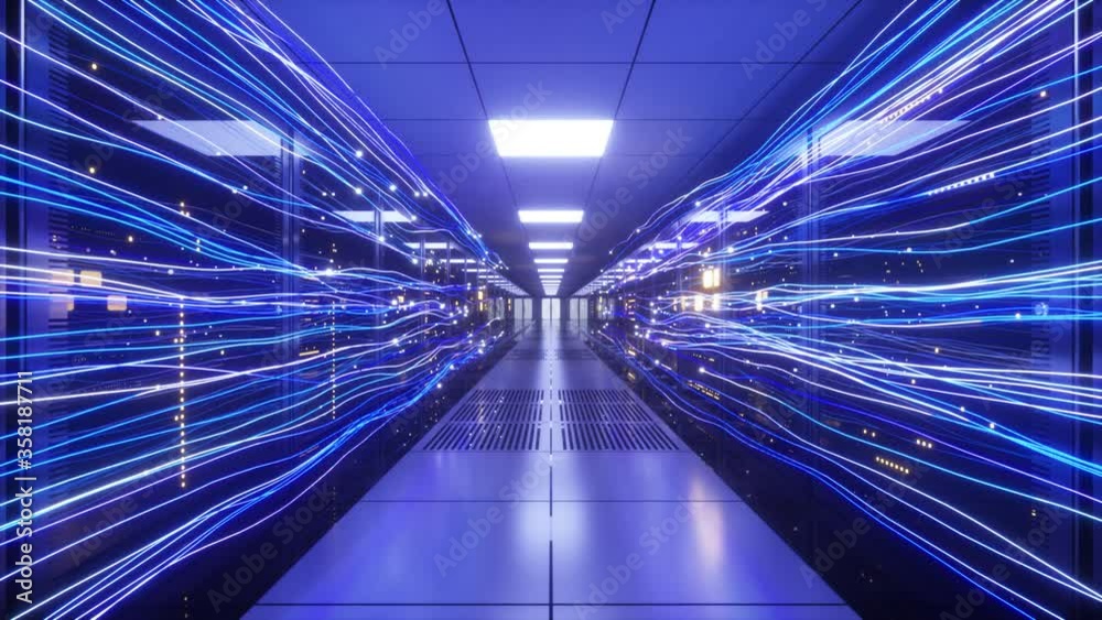 Wall mural digital information flows through the network and data servers behind glass panels in the server roo