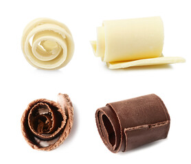 Set with yummy chocolate curls on white background
