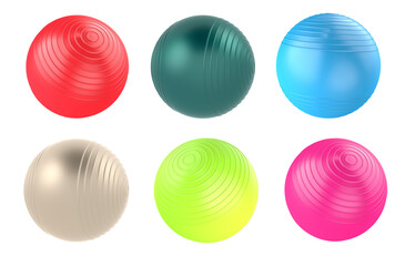 Close up of an colorful set, fitness ball isolated on white background. 3d rendering.