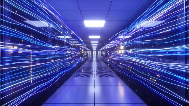 Digital information flows through the network and data servers behind glass panels in the server room of a data center or Internet service provider