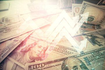Double exposure of grow arrows drawing over usa dollars bill background. Concept of success.