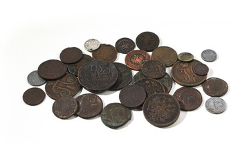 Ancient coins of the Russian Tsarist Empire. Collectible background on an isolated background! Numismatics of old money. Stock photo for design