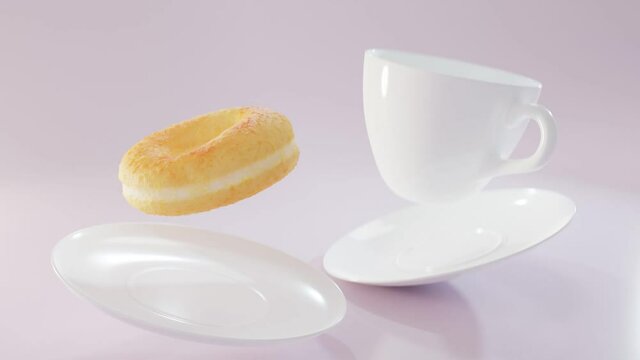 Coffee white cup with doughnut complete with saucer, frozen in weightlessness, soaring in air slowly rotating against pink background. Golden dessert, airy. Confectionery pastry for breakfast. 3d.