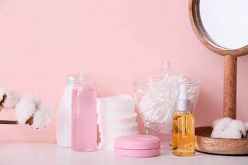 Fototapeta na wymiar Cosmetics and supplies on table in bathroom
