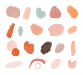 Abstract brush stroke watercolor shapes. Nude, peach circle washes
