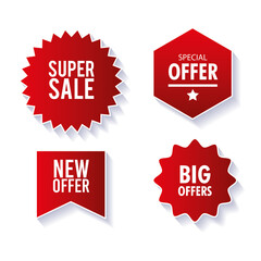 price tags, collection red ribbon banners, sale promotion, website stickers, special offers vector illustration design