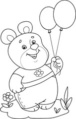 Coloring page outline of cartoon smiling cute bear with air balloons. Colorful vector illustration, summer coloring book for kids.