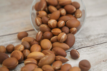 Argan nuts on a white background, close up