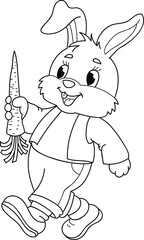 Coloring page outline of cartoon cute rabbit with carrot. Colorful vector illustration, summer coloring book for kids.