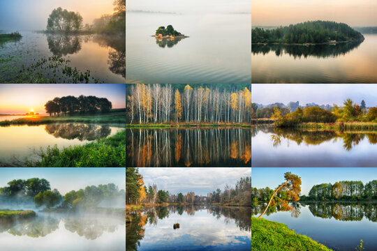 A collection of photos of rivers with a reflection of the coast. Set, Collage