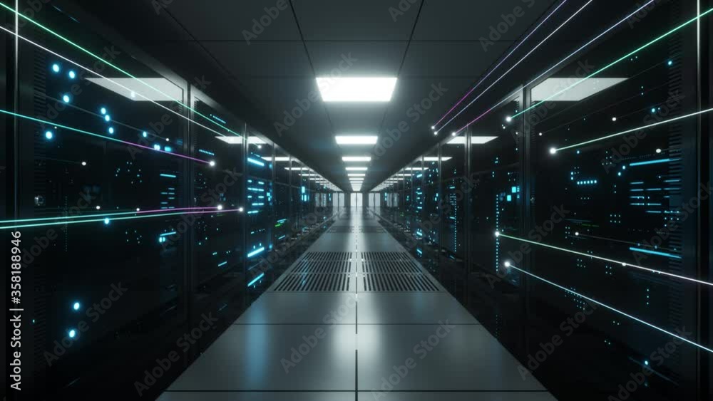 Poster digital information flows through the network and data servers behind glass panels in the server roo