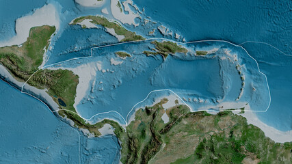Caribbean tectonic plate - outlined. Satellite