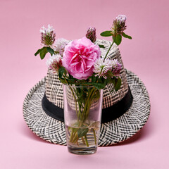 pink summer mood flowers. travel concept. pink flowers on a pink background.