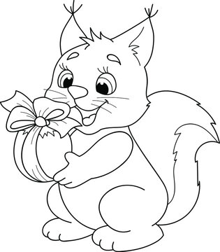 Coloring page outline of cartoon smiling cute squirrel with the big nut. Colorful vector illustration, summer coloring book for kids.